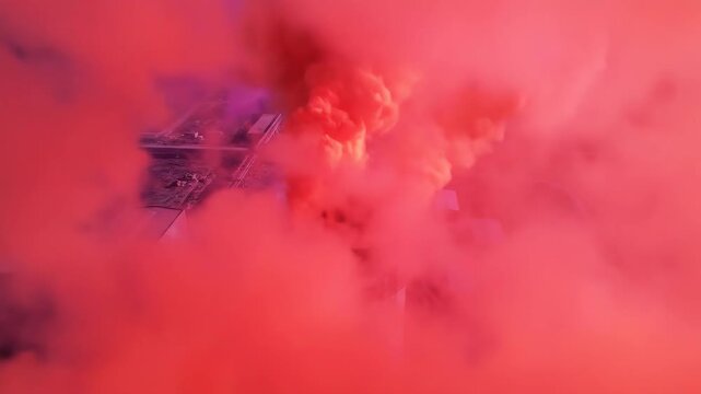Industrial smokestack belching vivid orange and purple plumes into a dystopian sky, visualizing industrial pollution, greenhouse gas emissions, and environmental crisis