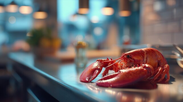 Fresh lobster on the kitchen counter ready for preparation in a seafood restaurant