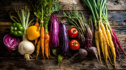Colorful organic vegetables fresh produce rustic wood background carrots eggplant tomato onion beet cabbage scallion harvest joy