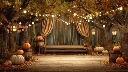 An autumnal scene featuring a stage amid trees, lit by lanterns and lights. Pumpkins scattered with falling leaves