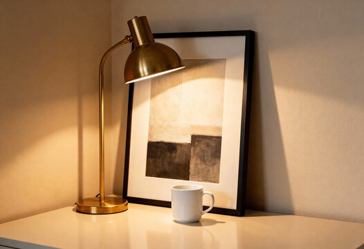 A modern brass desk lamp illuminating a cozy home office corner. Warm light on a framed abstract art piece and a white mug. Minimalist interior decor still life