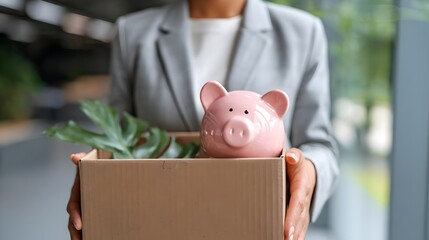 New female employee in green office with box of personal items and piggy bank. Concept: Career change, new beginnings, employment transition, and professional growth.