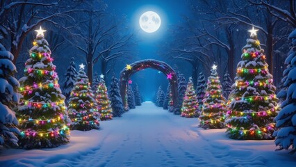 Christmas alley of fir trees with trees and shiny lights at night