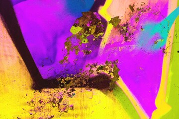 Bold graffiti abstract in neon yellow, purple, blue accents. 90s urban, street style, chaotic textures, vibrant hues. Street art, posters, digital design, modern 90s, Y2K visuals.