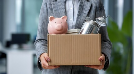 New female employee in green office with box of personal items and piggy bank. Concept: Career change, new beginnings, employment transition, and professional growth.