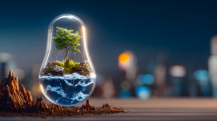 Green energy eco light sustainable concept tree sapling glass bulb floating island clean power environmental protection future city blue water