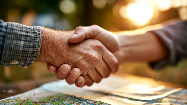 Handshake over a map symbolizes teamwork, partnership, and agreement. A commitment to collaboration and achieving shared goals.