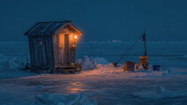 Wooden fishing shack illuminated by a warm light amidst the icy landscape at twilight