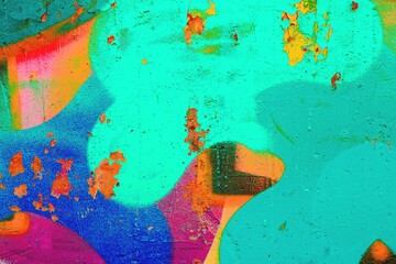 Vibrant graffiti texture in electric teal, orange with peeling paint. 80s urban style, bold street art, fluorescent hues. Posters, flyers, digital art, modern 80s, urban visuals.