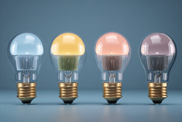 Smart light bulbs glowing in different colors, bright clean home interior.