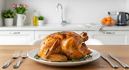 Roasted Whole Chicken on a Plate in a Kitchen Setting