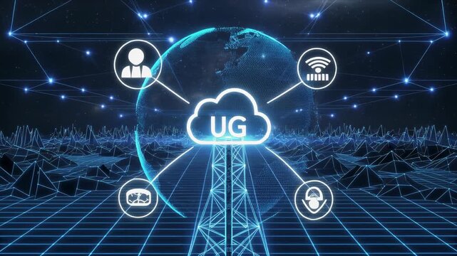 Futuristic Globe with Network Connections and Cloud Computing Icons Above Digital Landscape Keywords: technology, network, global - Powered by Adobe