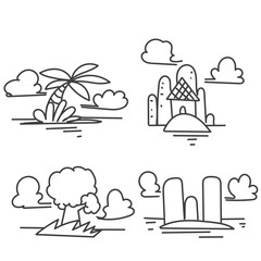 hand drawn doodle tiny island in the water with house rock tree and palm collection