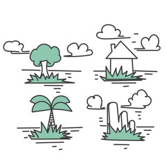 hand drawn doodle tiny island in the water with house rock tree and palm collection