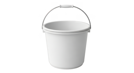 Simple white plastic bucket with metal handle for household and outdoor use