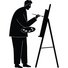 Artist at Work Painting on Easel, Black and White Illustration canvas painter palette brush artwork creative