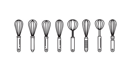 Collection of eight different kitchen whisks and spoons silhouette