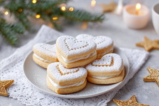 Delicious heart-shaped cookies with cream filling and powdered sugar enjoy by candlelight during the holiday season - Powered by Adobe