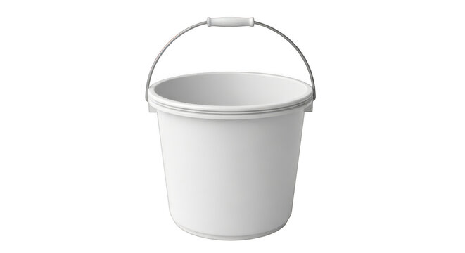 Simple white plastic bucket with metal handle for household and outdoor use