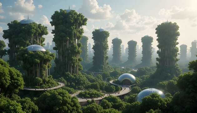 &ldquo;A green futuristic city covered in vertical forests and solar domes, climate-resilient architecture blending with nature.&rdquo;
