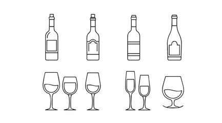 Collection of wine and champagne bottles and glasses in a simple outline silhouette style © arif