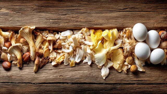 Fresh mushrooms, nuts, and eggs arranged beautifully on wooden surface for cooking and food preparation ideas