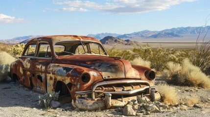 An abandoned vintage car sits in a desert landscape. The vehicle is rusty and weathered, surrounded by dry grass and distant mountains under a blue sky.