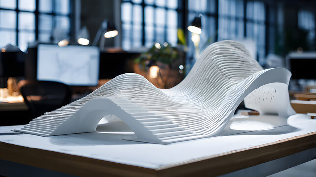 Futuristic architecture model white sculptural form parametric design wavy structure layered prototype studio workspace creative mood