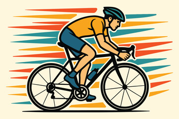Fototapeta premium Man riding a bicycle with a helmet on a colorful striped background