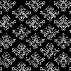 Seamless damask embroidery pattern “Luxurious Ornamental Damask Seamless Pattern in Metallic Tones on Black”