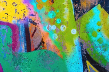 Funky graffiti art with neon green, blue, yellow tones. 90s, Y2K vibe, vibrant texture, abstract forms. Posters, digital art, modern 90s, 2000s, y2k creative banner, urban visuals.