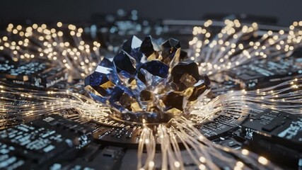 Blue glowing crystal cpu core positioned on a complex dark circuit board, symbolizing advanced technology, quantum computing, and high-speed data processing in a futuristic environment - Powered by Adobe