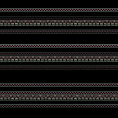 Black and white seamless embroidery pattern Decorative Ethnic Stripe Border Pattern with Geometric Motifs on Black Background.
