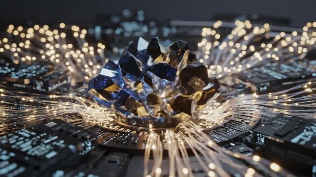 Blue glowing crystal cpu core positioned on a complex dark circuit board, symbolizing advanced technology, quantum computing, and high-speed data processing in a futuristic environment