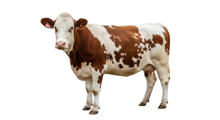 A beautiful brown and white spotted dairy cow stands proudly isolated