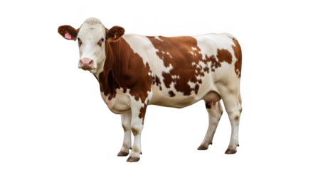 A beautiful brown and white spotted dairy cow stands proudly isolated