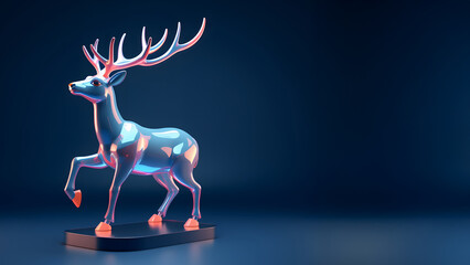 Elegant silver reindeer figurine with antlers on dark blue background, Christmas decoration concept