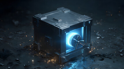 Futuristic safe metal box holographic glow blue light secure lock quantum key cyberpunk style high tech cube gleams with mystery