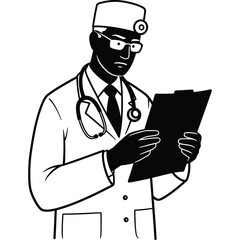 Doctor in lab coat reading medical chart, black and white vector physician healthcare stethoscope clipboard