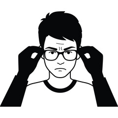 Illustration of a man adjusting his glasses with a serious expression eyeglasses vision eyesight