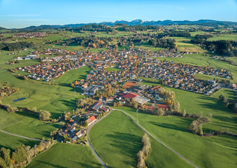 Aerial photo  of the city of Weiler-Simmerberg, district Weiler in the western Allgaeu in Bavaria, Germany
