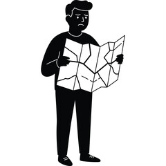 Lost man looking at map, vector illustration travel navigation direction route road guide location destination
