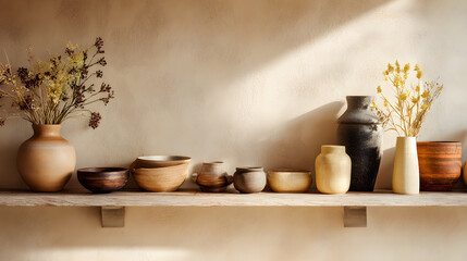 Modern shelf with clay pots, wooden bowls, dried flowers, minimalist decor, natural light, neutral color, sustainable home style