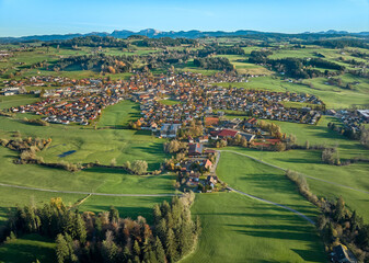 Aerial photo  of the city of Weiler-Simmerberg, district Weiler in the western Allgaeu in Bavaria, Germany