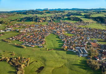 Aerial photo  of the city of Weiler-Simmerberg, district Weiler in the western Allgaeu in Bavaria, Germany