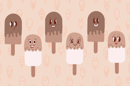  Vector illustration featuring adorable ice cream characters with smiling faces. 
