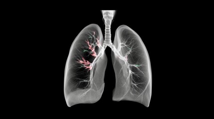 Detailed view of human lungs showing airways and blood vessels in a scientific illustration