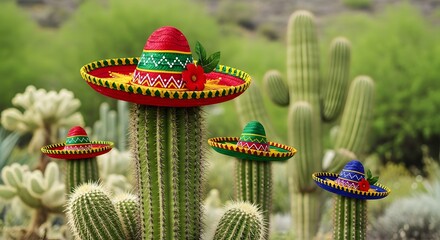 Sombreros on cacti in a desert landscape cactus Mexico