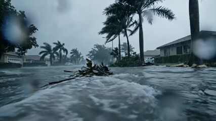 Strong rain leads to significant flooding in a neighborhood. Debris floats in the water, highlighting the extent of the weather's impact on homes and surroundings.