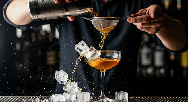 Dynamic Bartender Pouring Cocktail into Glass with Splashing Ice